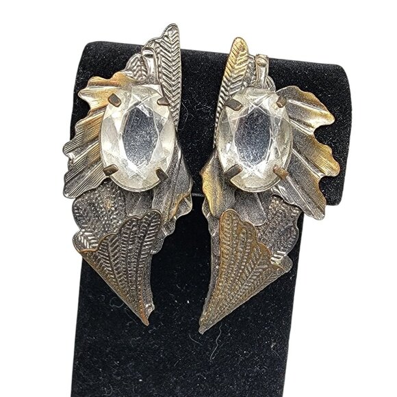 Winged Large Rhinestone Clip On Earrings Artisan Steampunk Gold-Brown Vintage - Picture 1 of 8
